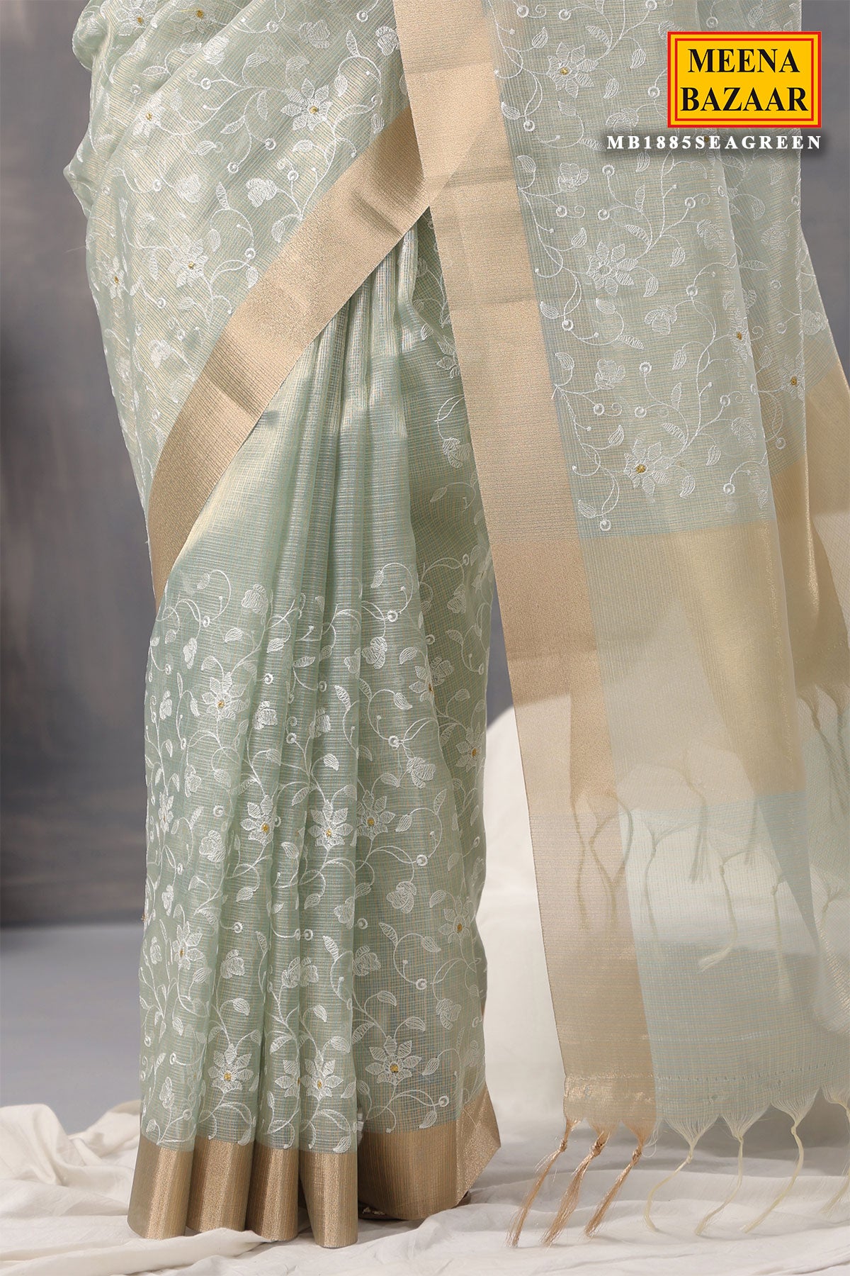 Sea Green Cotton Tissue Woven Saree