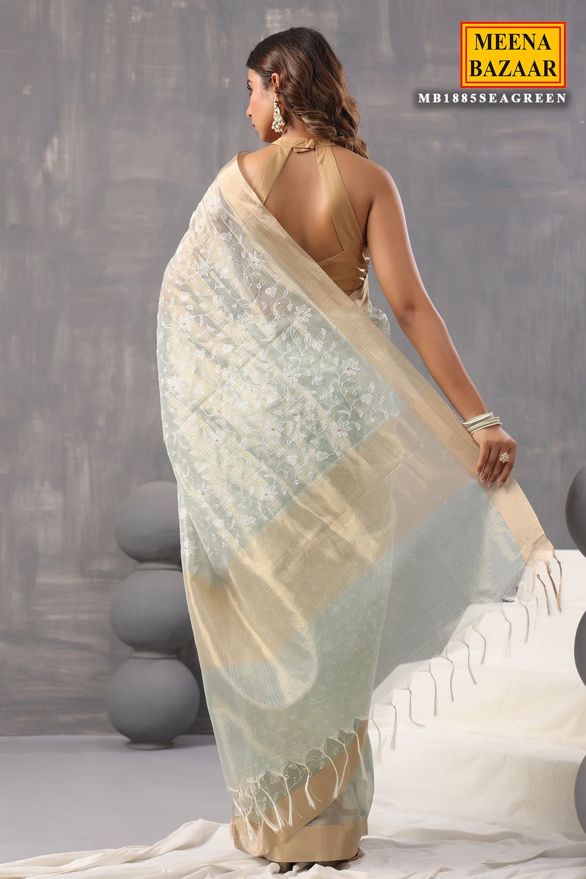 Sea Green Cotton Tissue Woven Saree