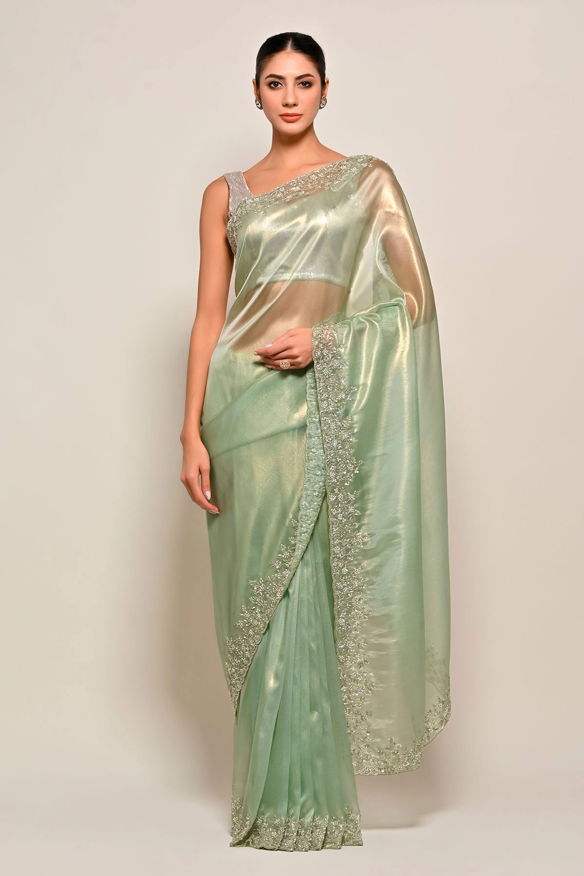 Pista Tissue Cut Dana Embroidered Saree