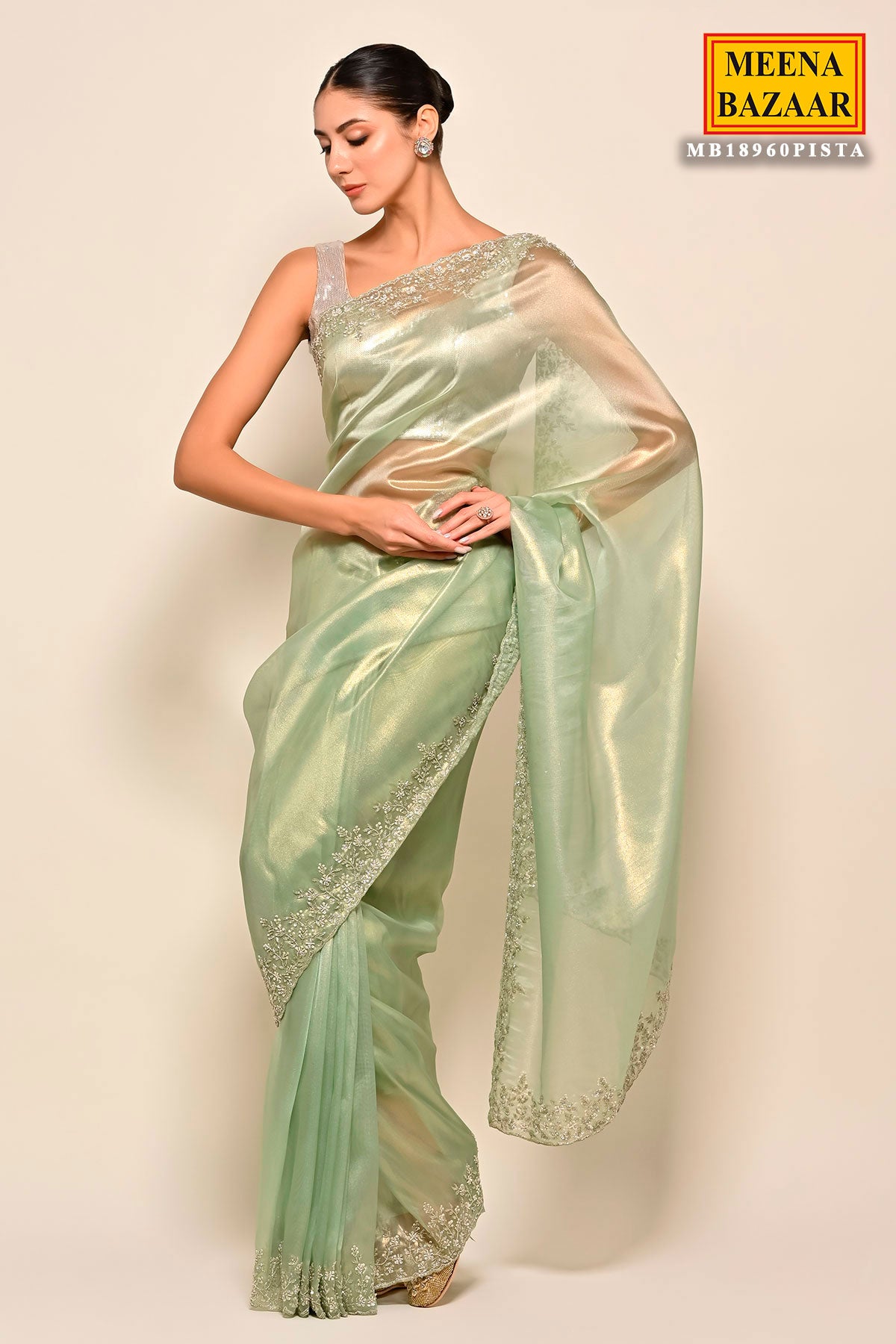 Pista Tissue Cut Dana Embroidered Saree