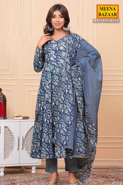 Blue Cotton Floral Printed Sequins Embroidered Suit