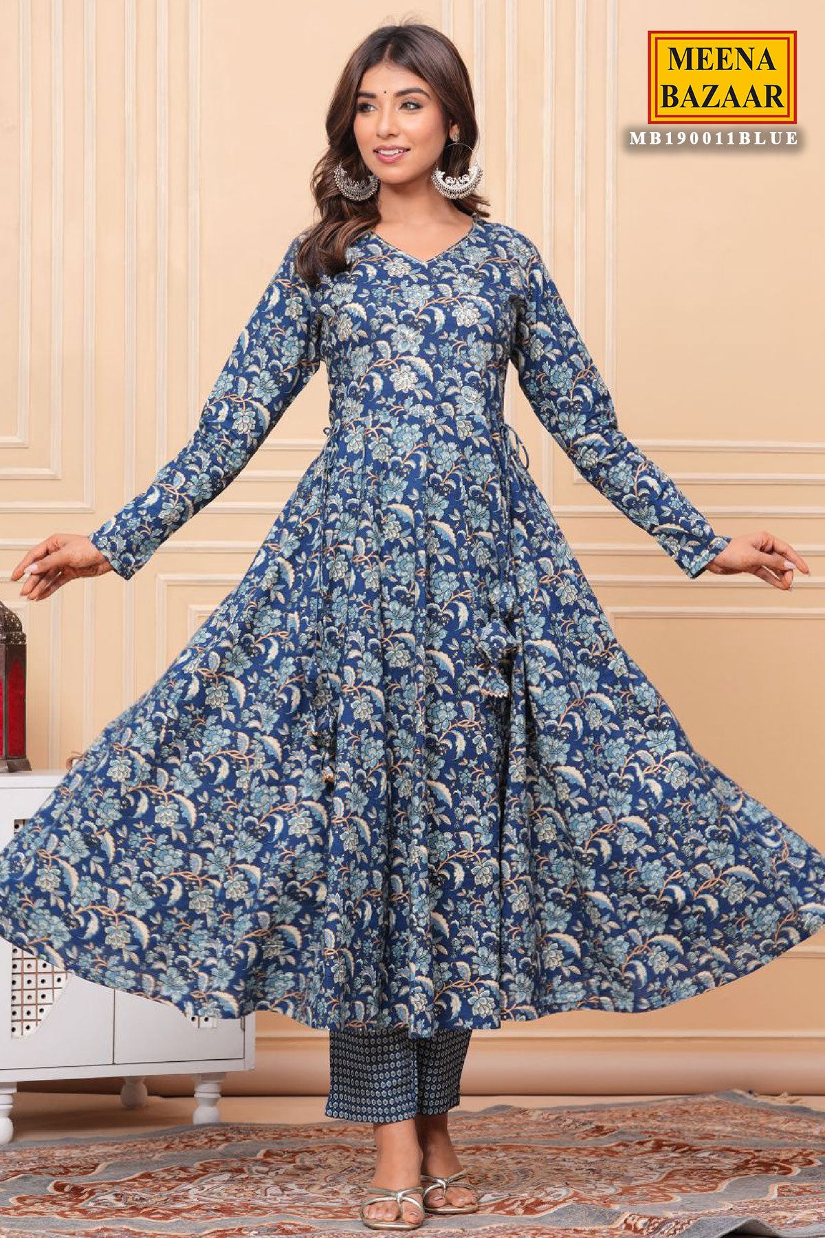 Blue Cotton Floral Printed Sequins Embroidered Suit