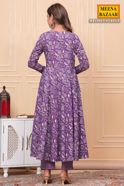 Purple Cotton Floral Printed Sequins Embroidered Suit