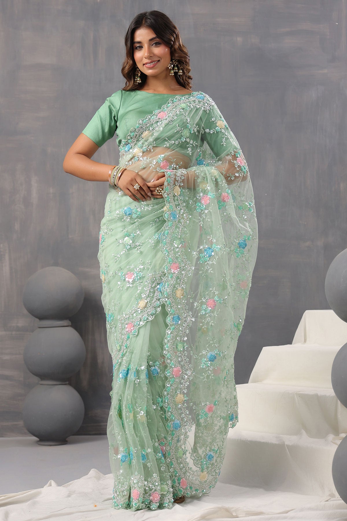 Sea Green Cut dana, Sequin Embroidered Net Saree