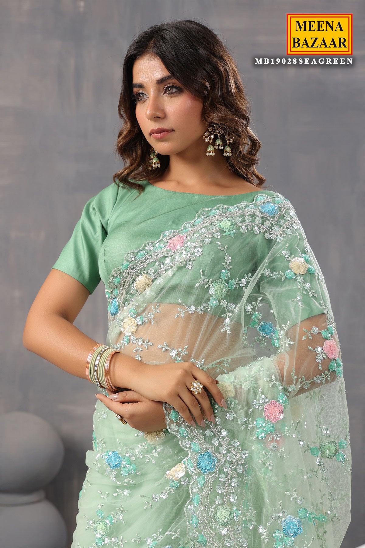 Sea Green Cut dana, Sequin Embroidered Net Saree