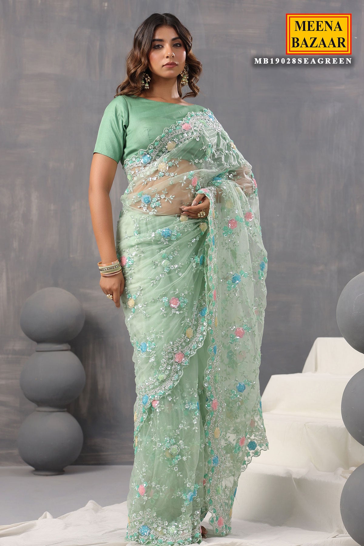 Sea Green Cut dana, Sequin Embroidered Net Saree