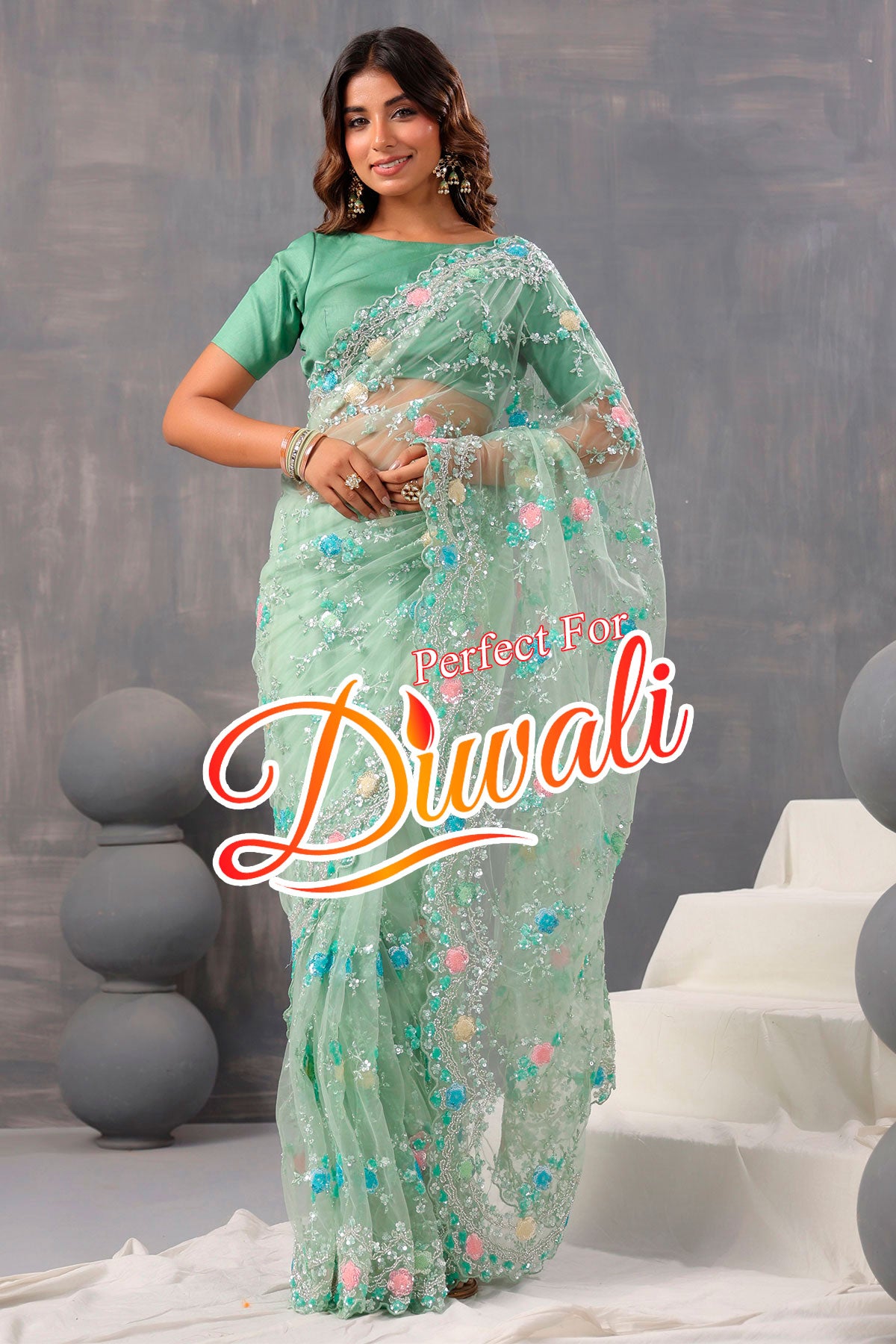 Sea Green Cut dana, Sequin Embroidered Net Saree