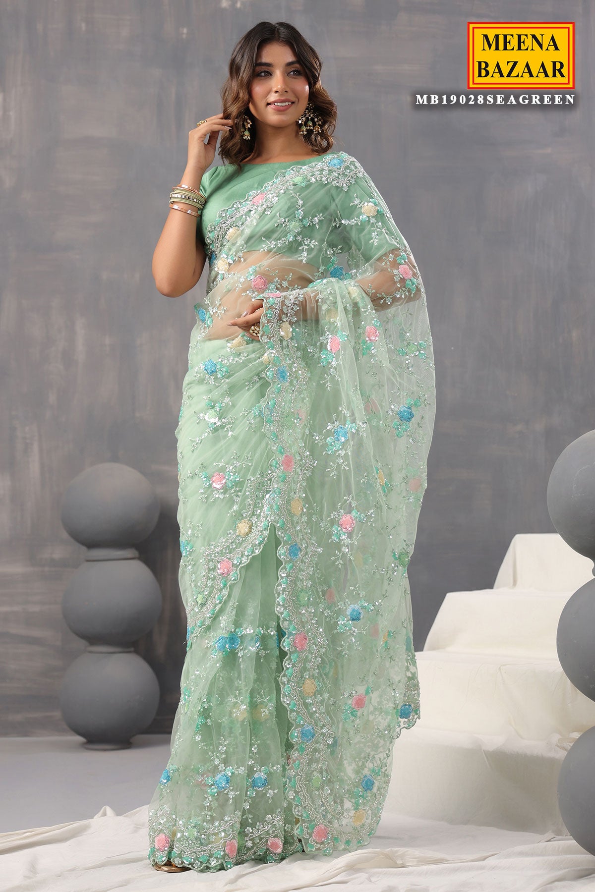 Sea Green Cut dana, Sequin Embroidered Net Saree