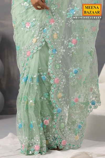 Sea Green Cut dana, Sequin Embroidered Net Saree