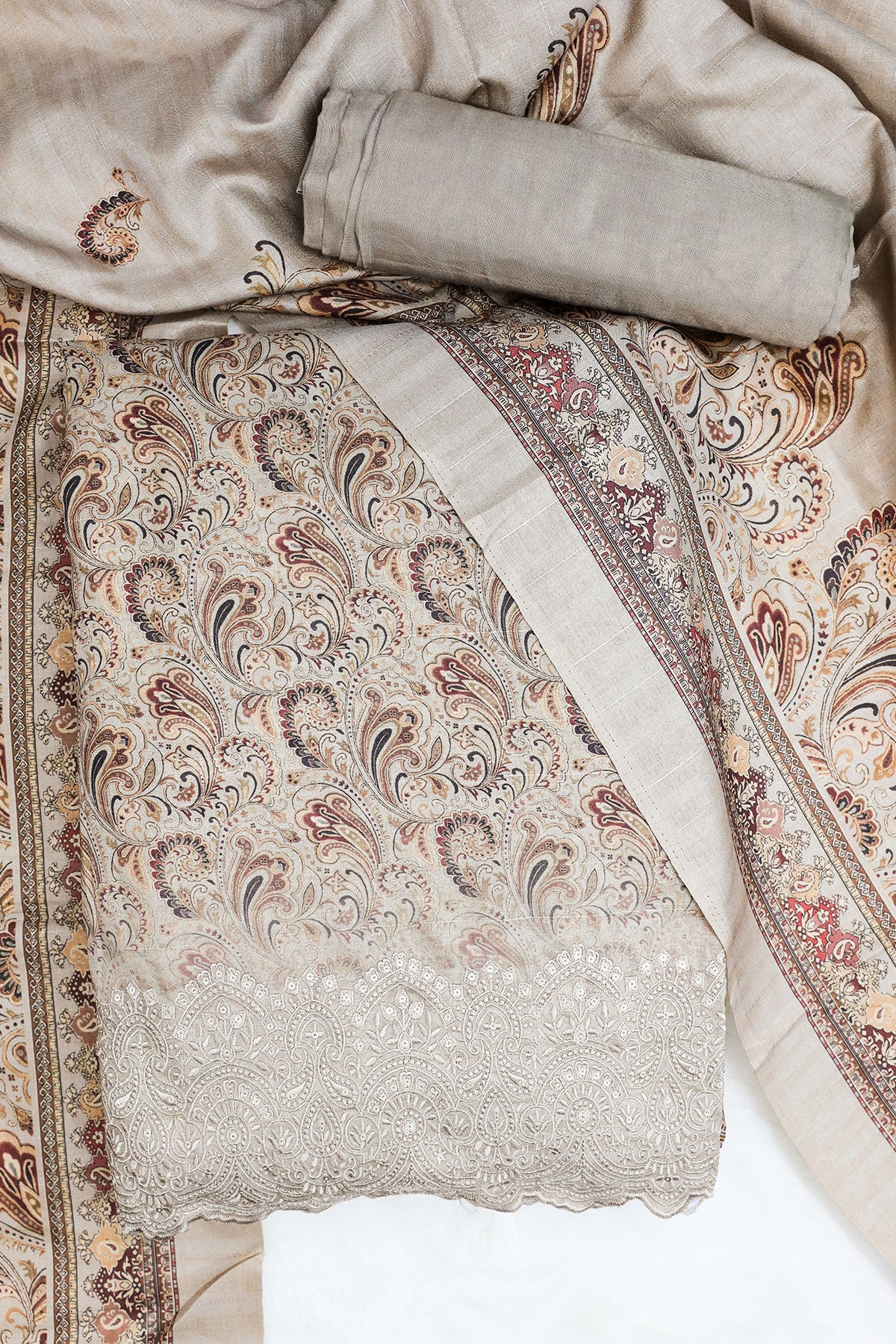 Light Brown Tussar Silk Printed Suit Set