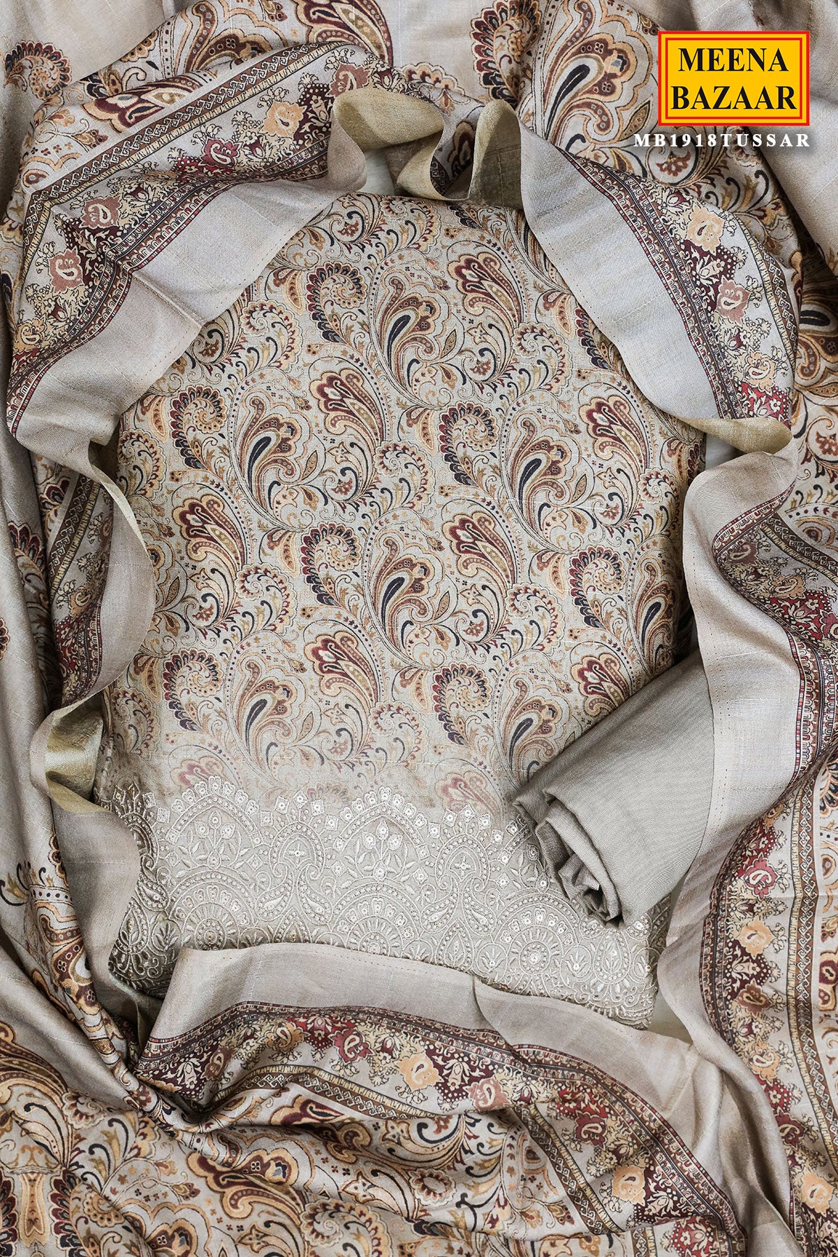 Light Brown Tussar Silk Printed Suit Set