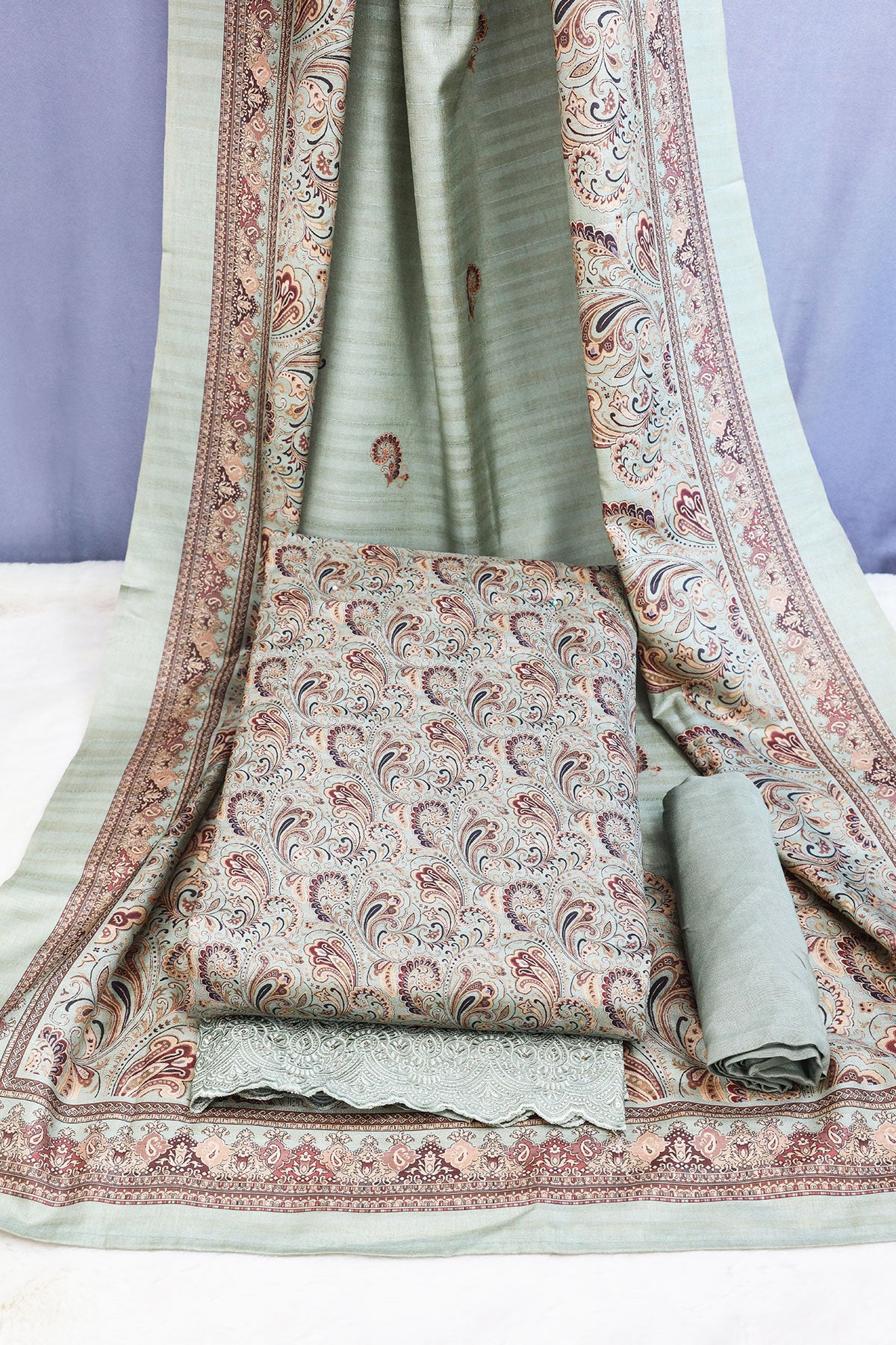 Sage Green Tussar Silk Printed Suit Set