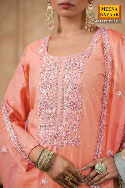 Peach Chanderi Cut-dana Neck Embroidered Suit Set