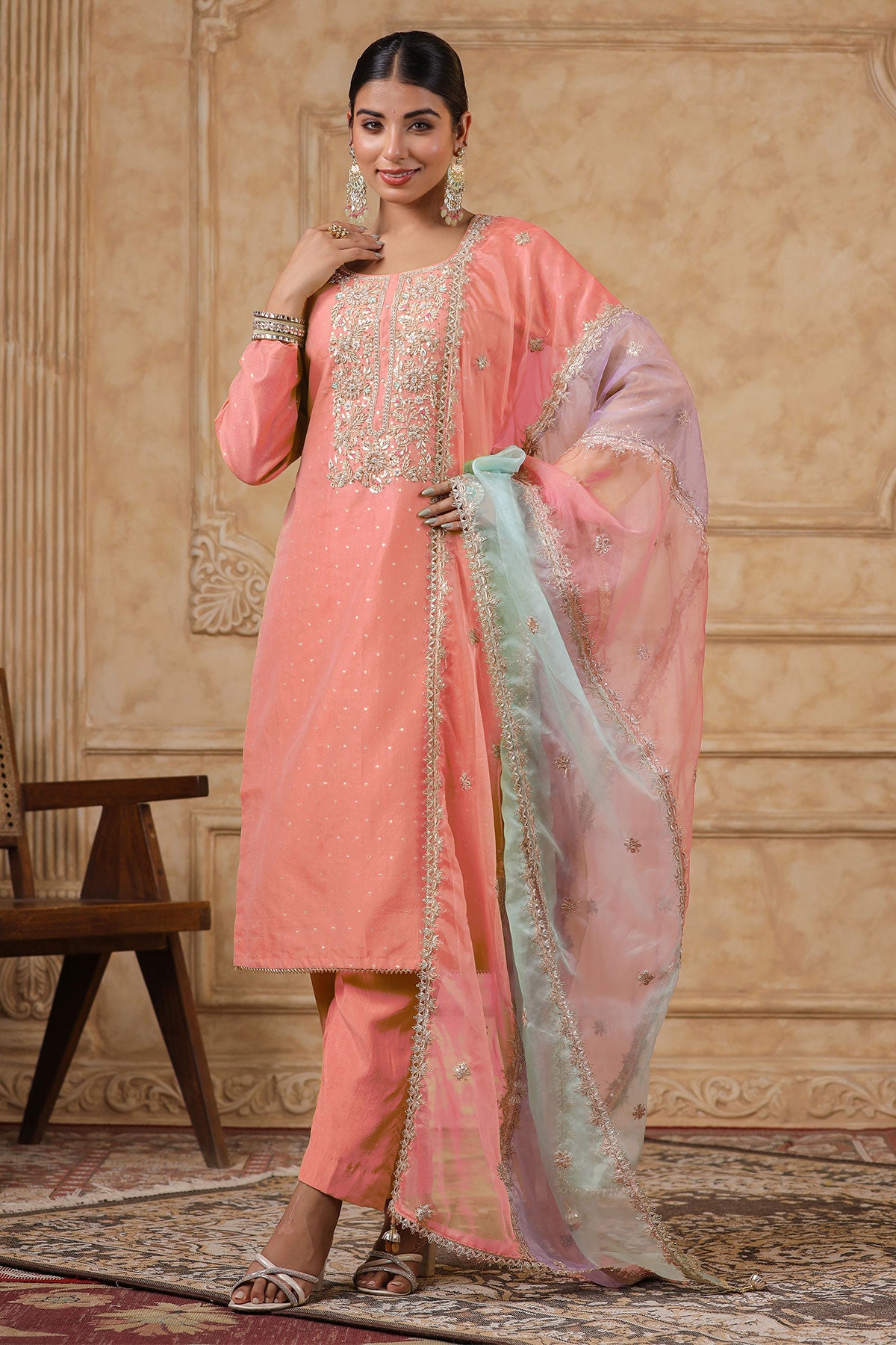 Peach Chanderi Cut-dana Neck Embroidered Suit Set