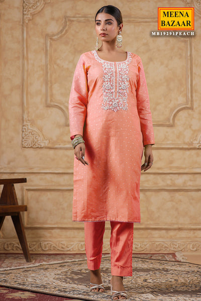 Peach Chanderi Cut-dana Neck Embroidered Suit Set