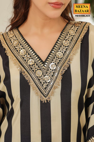 Black and Cream Striped Neck Embroidered Muslin Kaftan Set