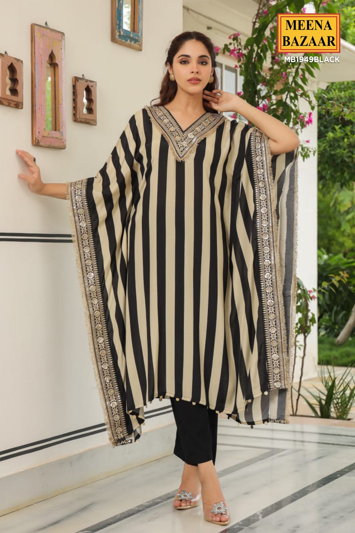 Black and Cream Striped Neck Embroidered Muslin Kaftan Set