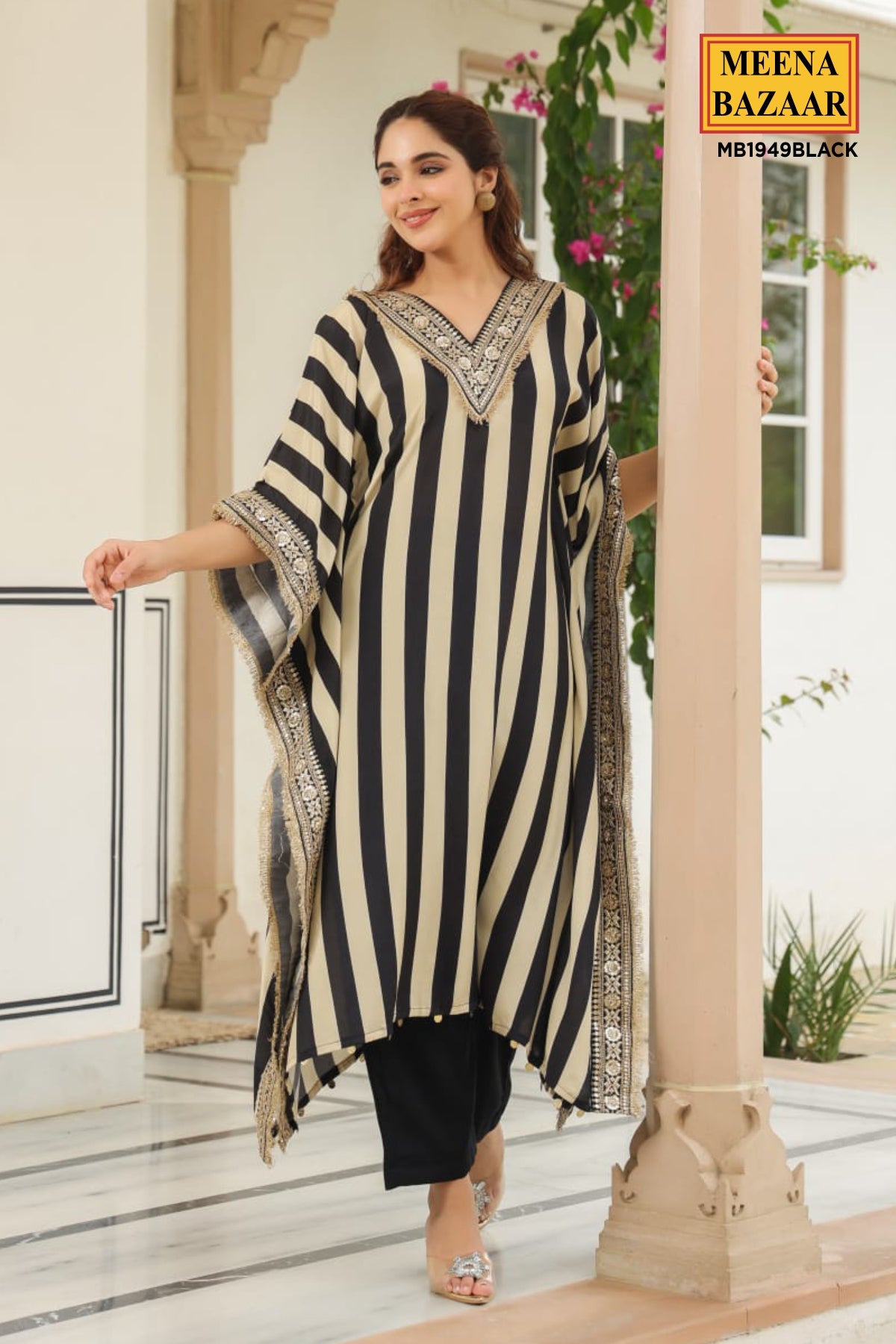 Black and Cream Striped Neck Embroidered Muslin Kaftan Set