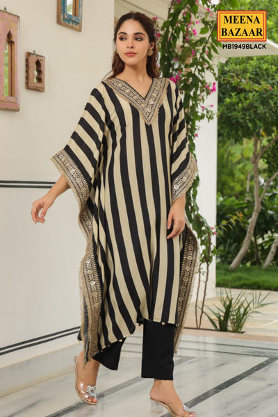 Black and Cream Striped Neck Embroidered Muslin Kaftan Set