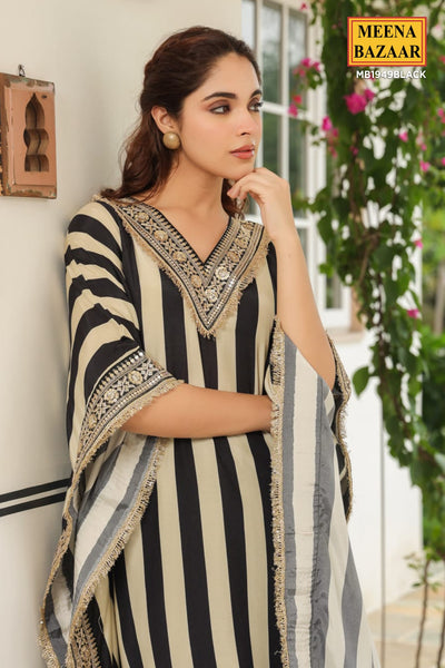 Black and Cream Striped Neck Embroidered Muslin Kaftan Set