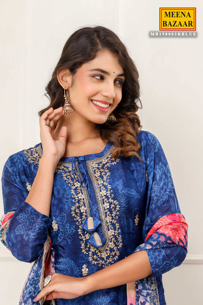 Royal Blue Chanderi Floral Printed Zari Embroidered Suit