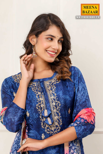 Royal Blue Chanderi Floral Printed Zari Embroidered Suits