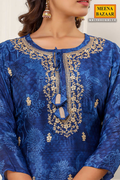 Royal Blue Chanderi Floral Printed Zari Embroidered Suits