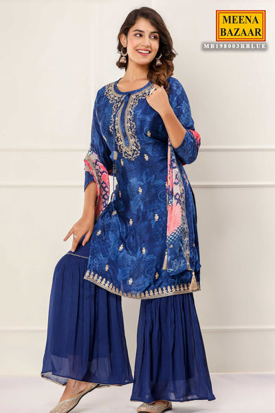 Royal Blue Chanderi Floral Printed Zari Embroidered Suits