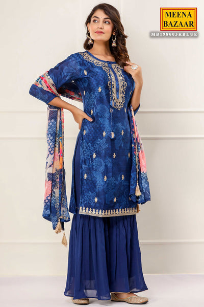 Royal Blue Chanderi Floral Printed Zari Embroidered Suits