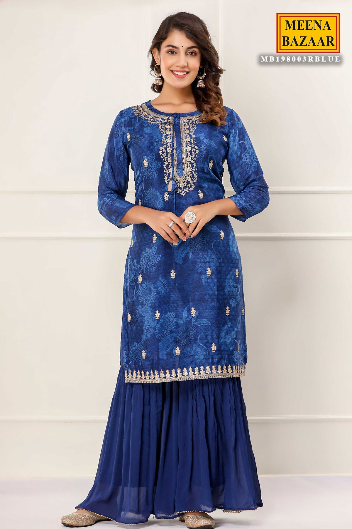 Royal Blue Chanderi Floral Printed Zari Embroidered Suits