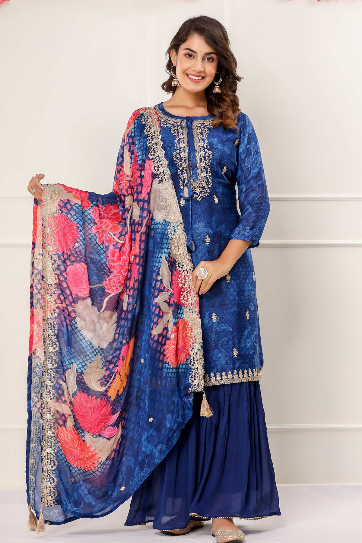 Royal Blue Chanderi Floral Printed Zari Embroidered Suits