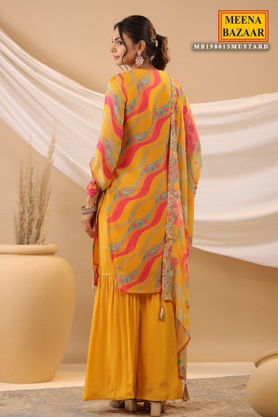 Mustard Crepe Silk Printed Embroidered Sharara Suit