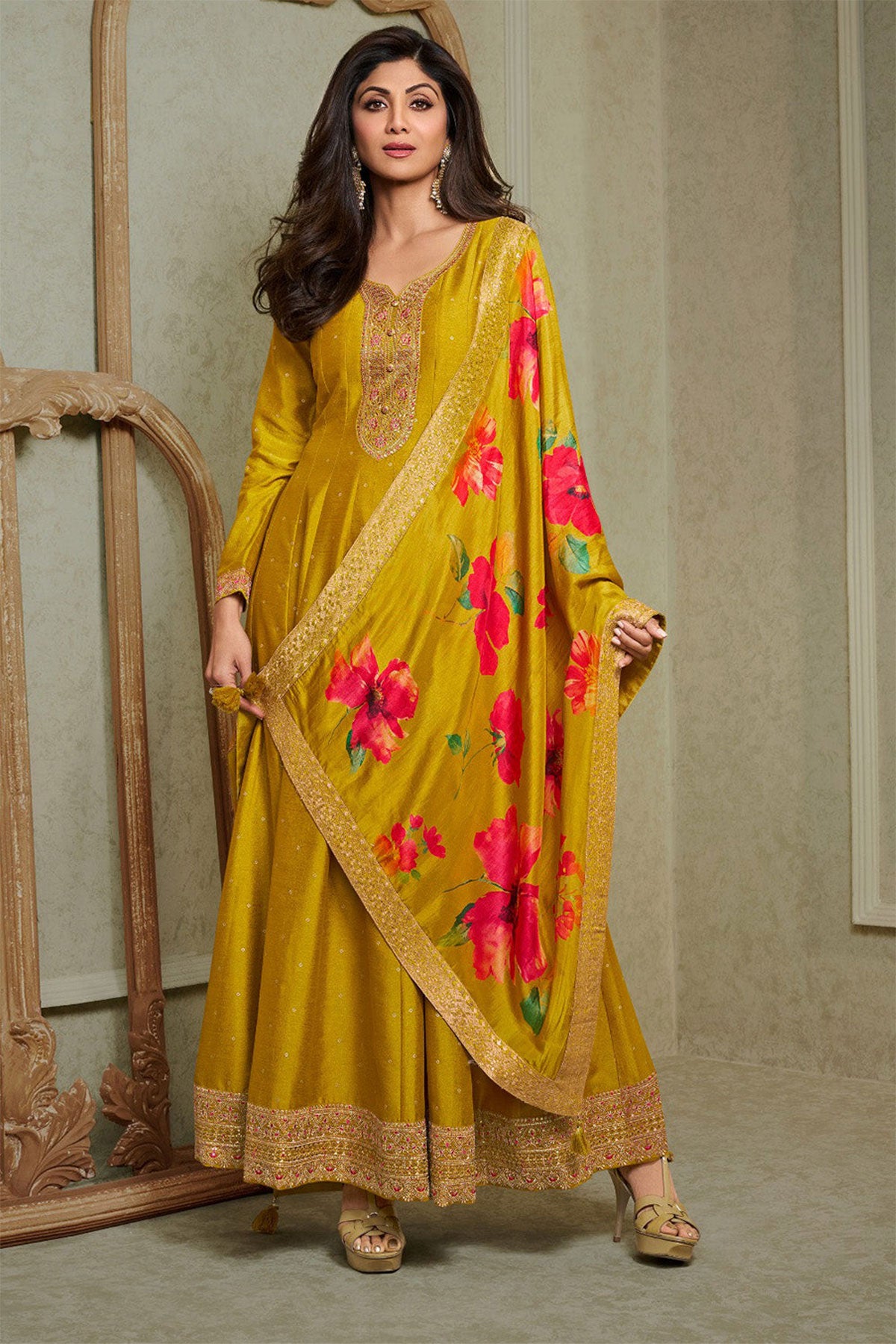 Mustard Silk Anarkali Neck Embroidered Gown