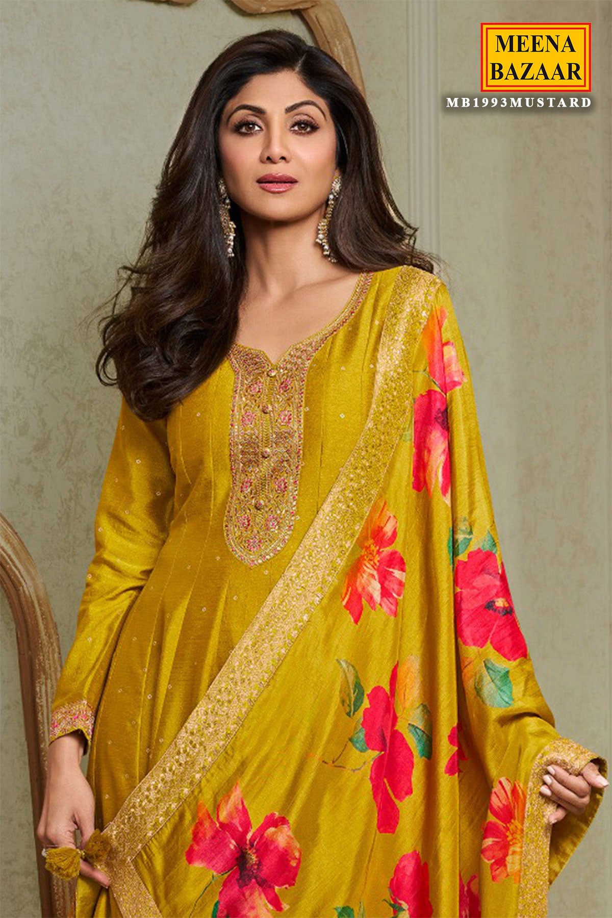 Mustard Silk Anarkali Neck Embroidered Gown