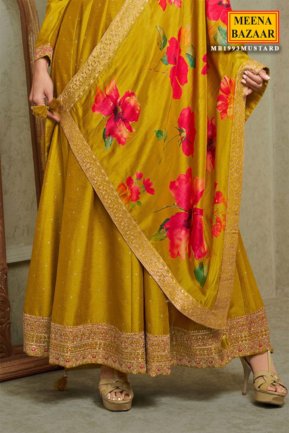 Mustard Silk Anarkali Neck Embroidered Gown