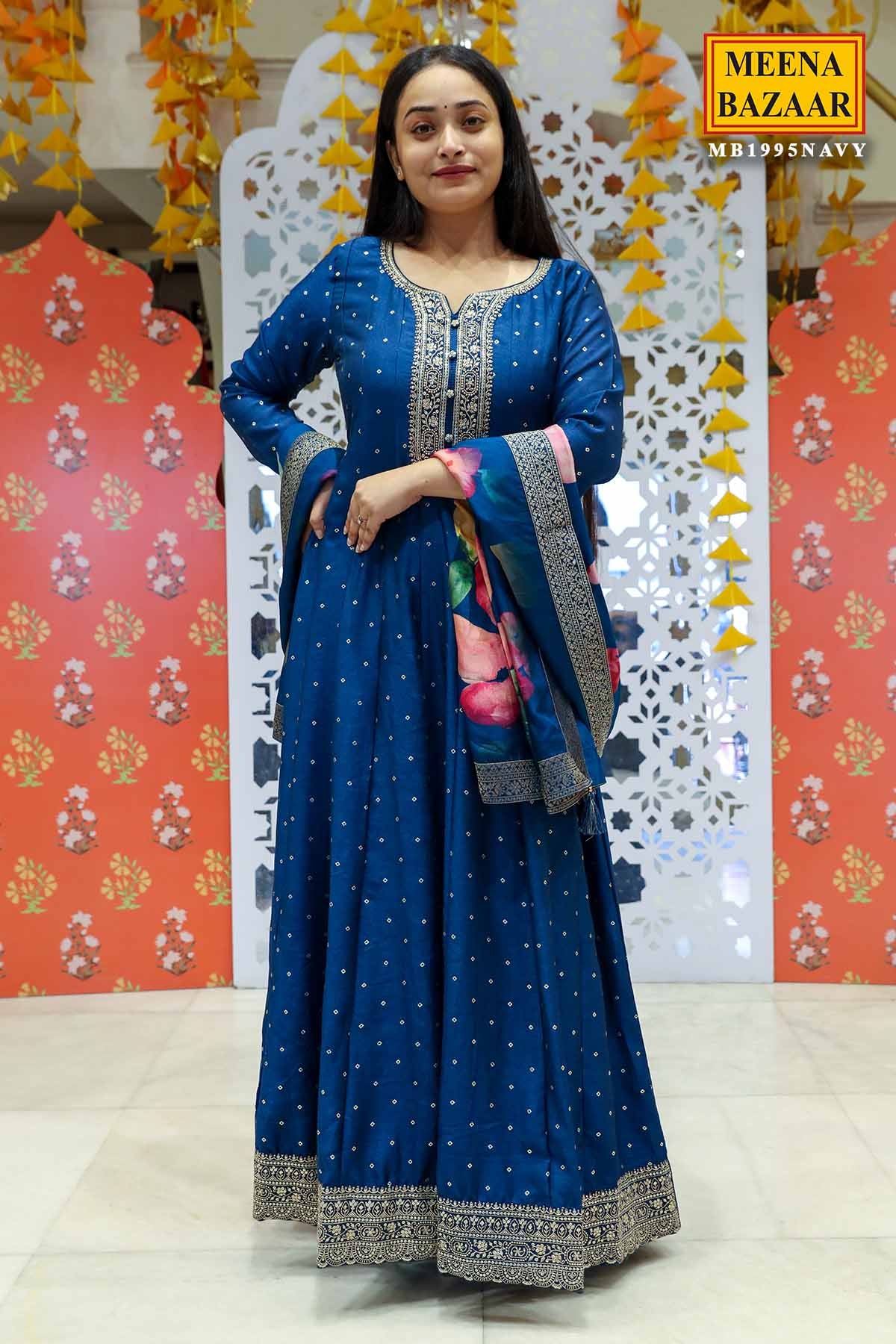 Blue Silk Gown with Zari Sequin Work