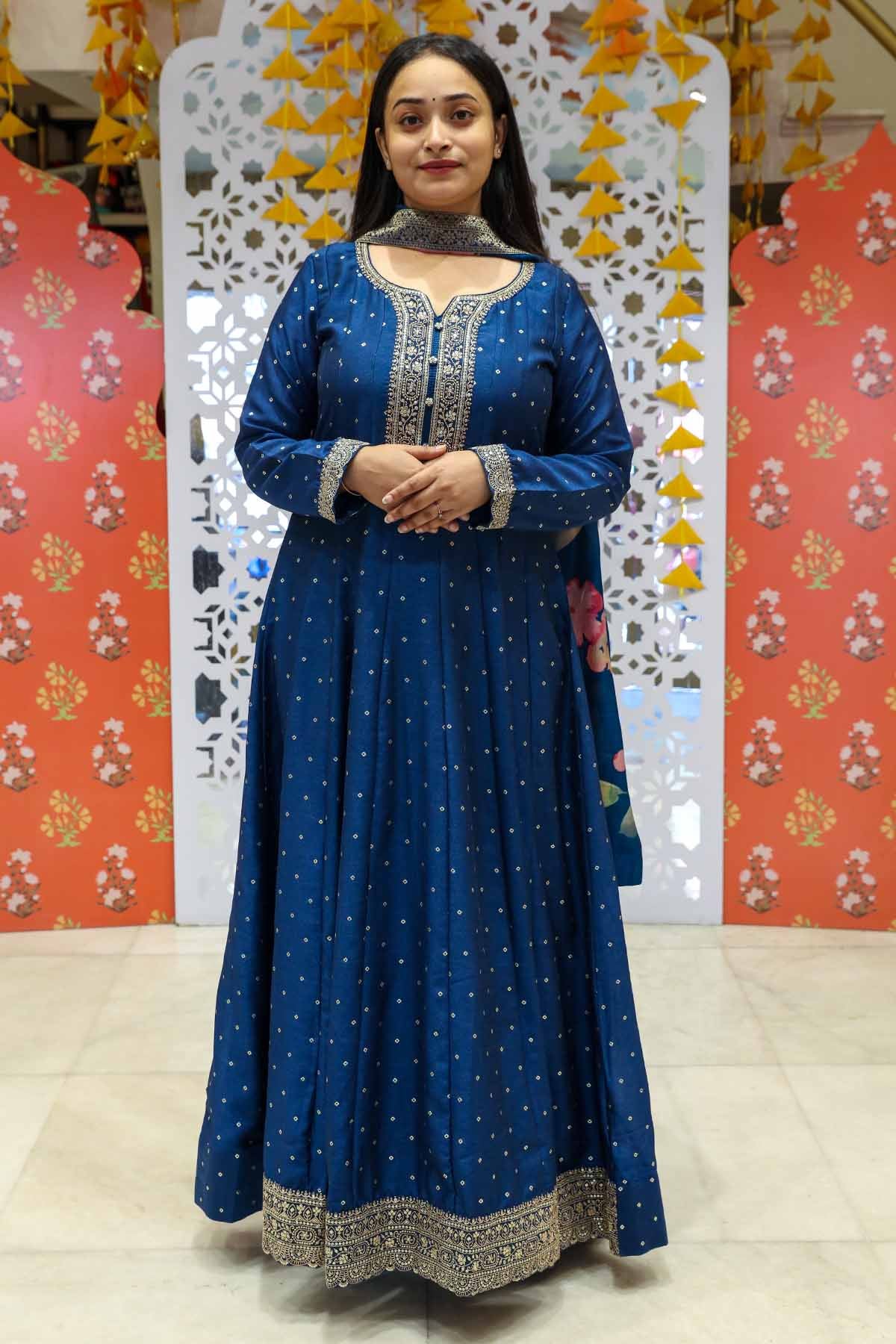 Blue Silk Gown with Zari Sequin Work