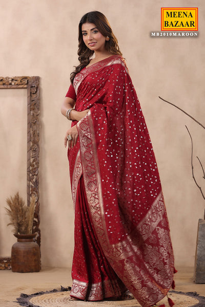 Maroon Silk Sequins Embroidered Floral Zari Woven Saree