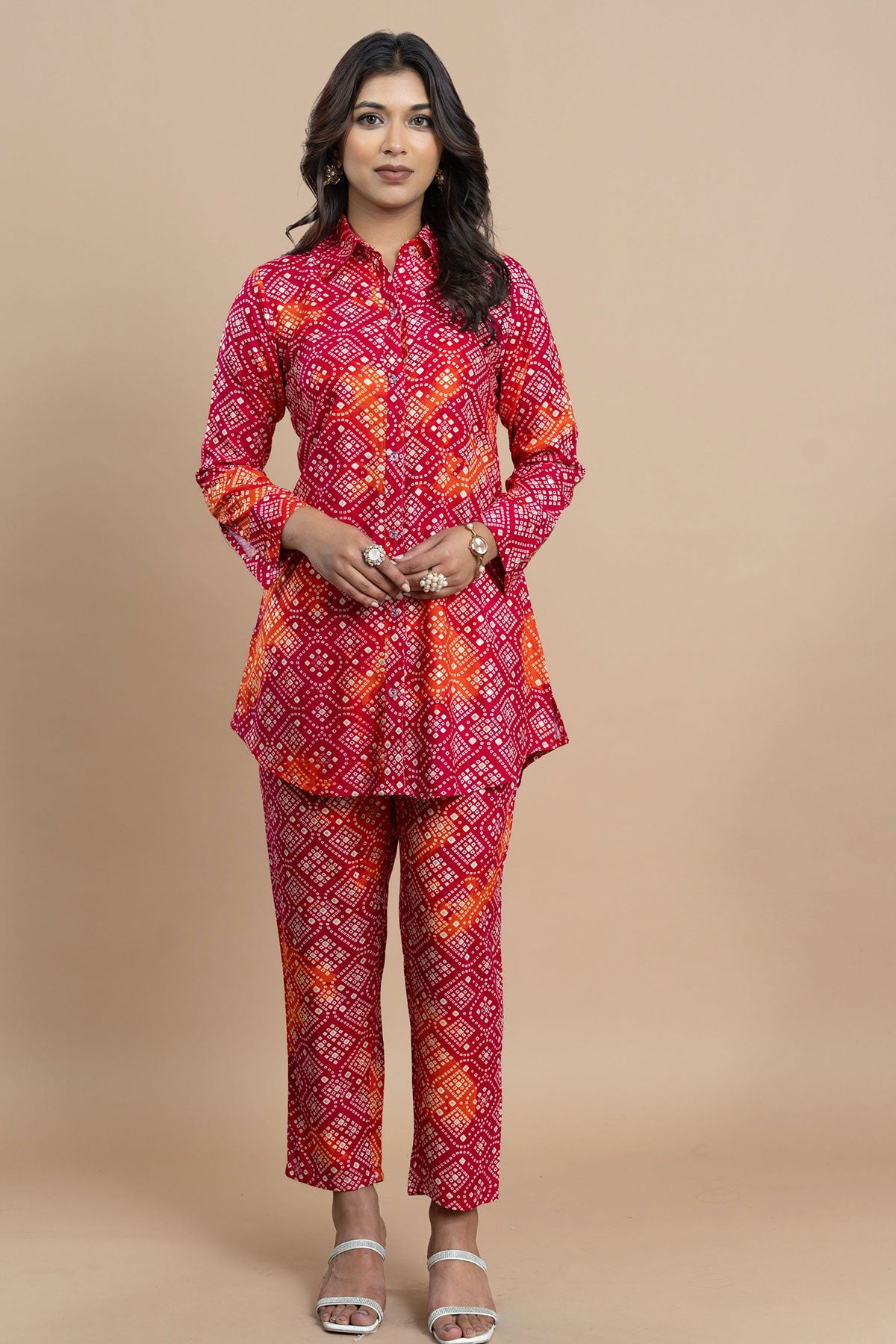 Rani Rayon Cotton Bandhani Printed Kurti & Pant Cord Set