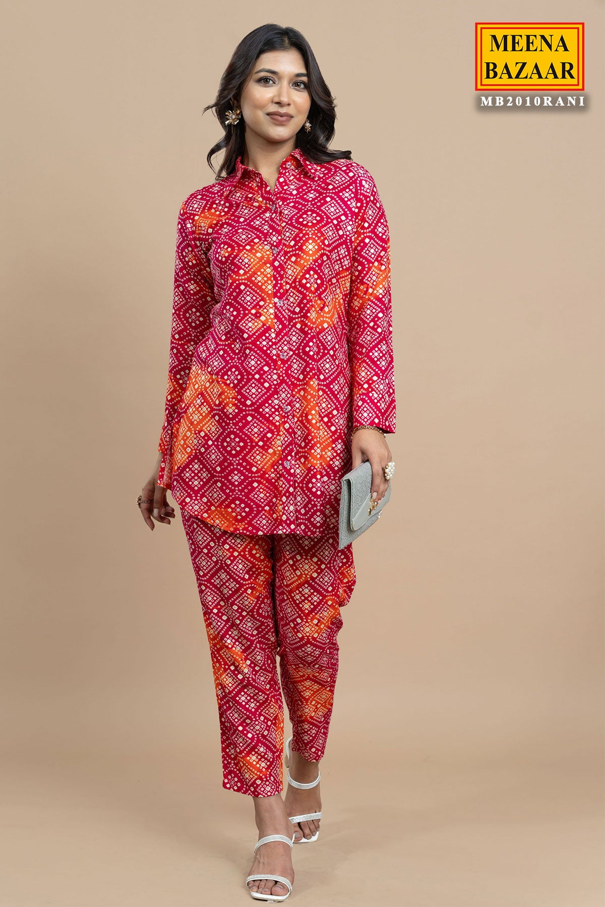 Rani Rayon Cotton Bandhani Printed Kurti & Pant Cord Set