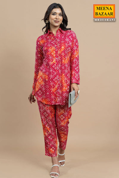 Rani Rayon Cotton Bandhani Printed Kurti & Pant Cord Set