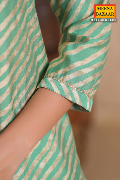 Green Muslin Striped Printed Zari Neck Embroidered Kurti Pant Set