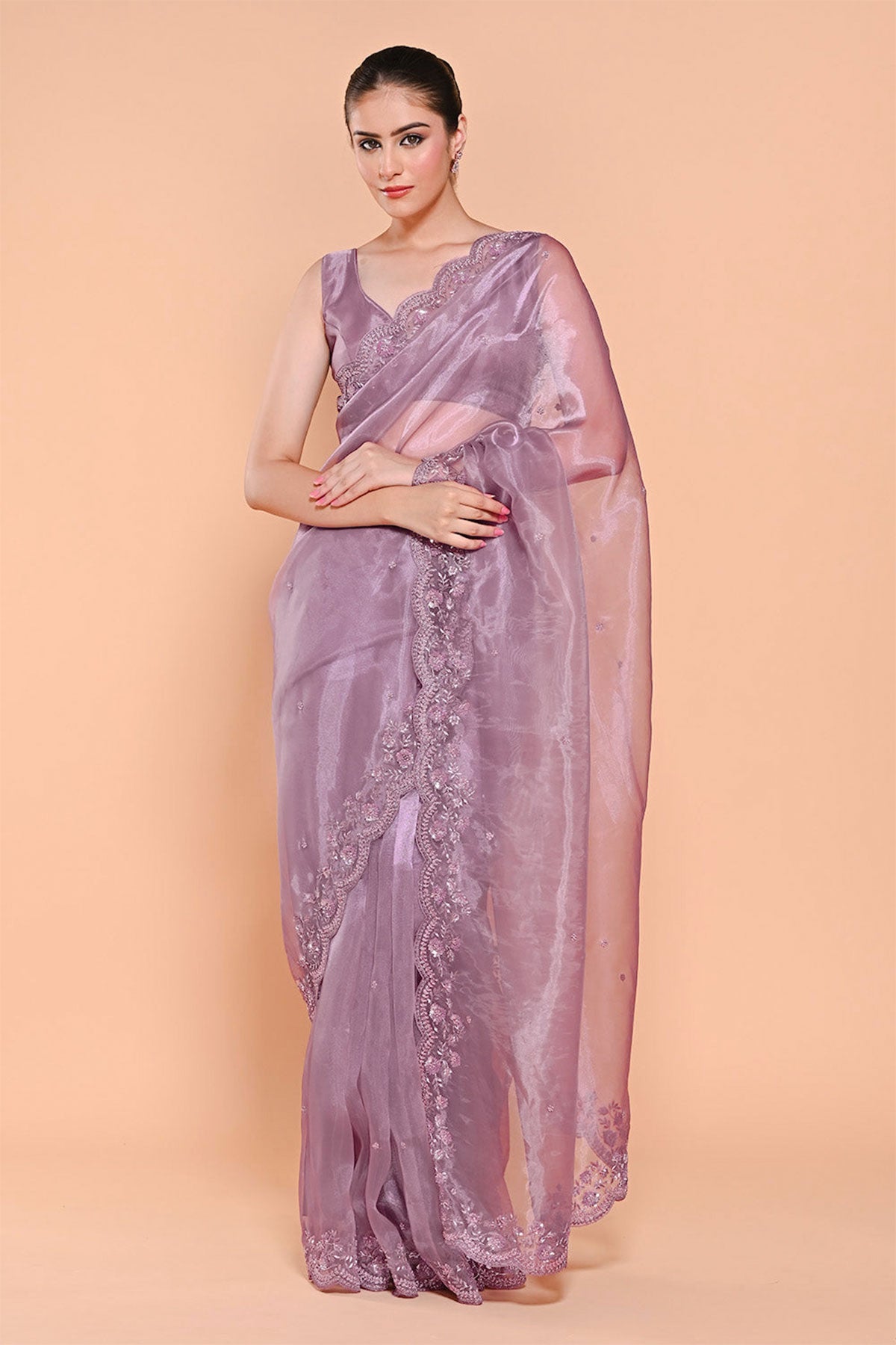 Mauve Organza Tissue Sequin Embroidered Saree