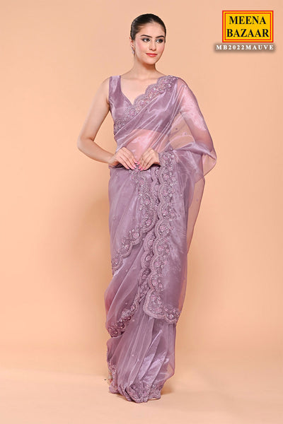 Mauve Organza Tissue Sequin Embroidered Saree