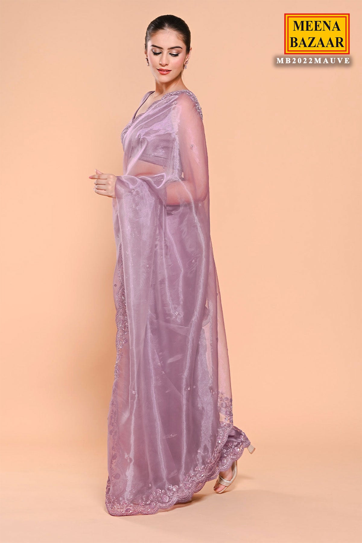 Mauve Organza Tissue Sequin Embroidered Saree