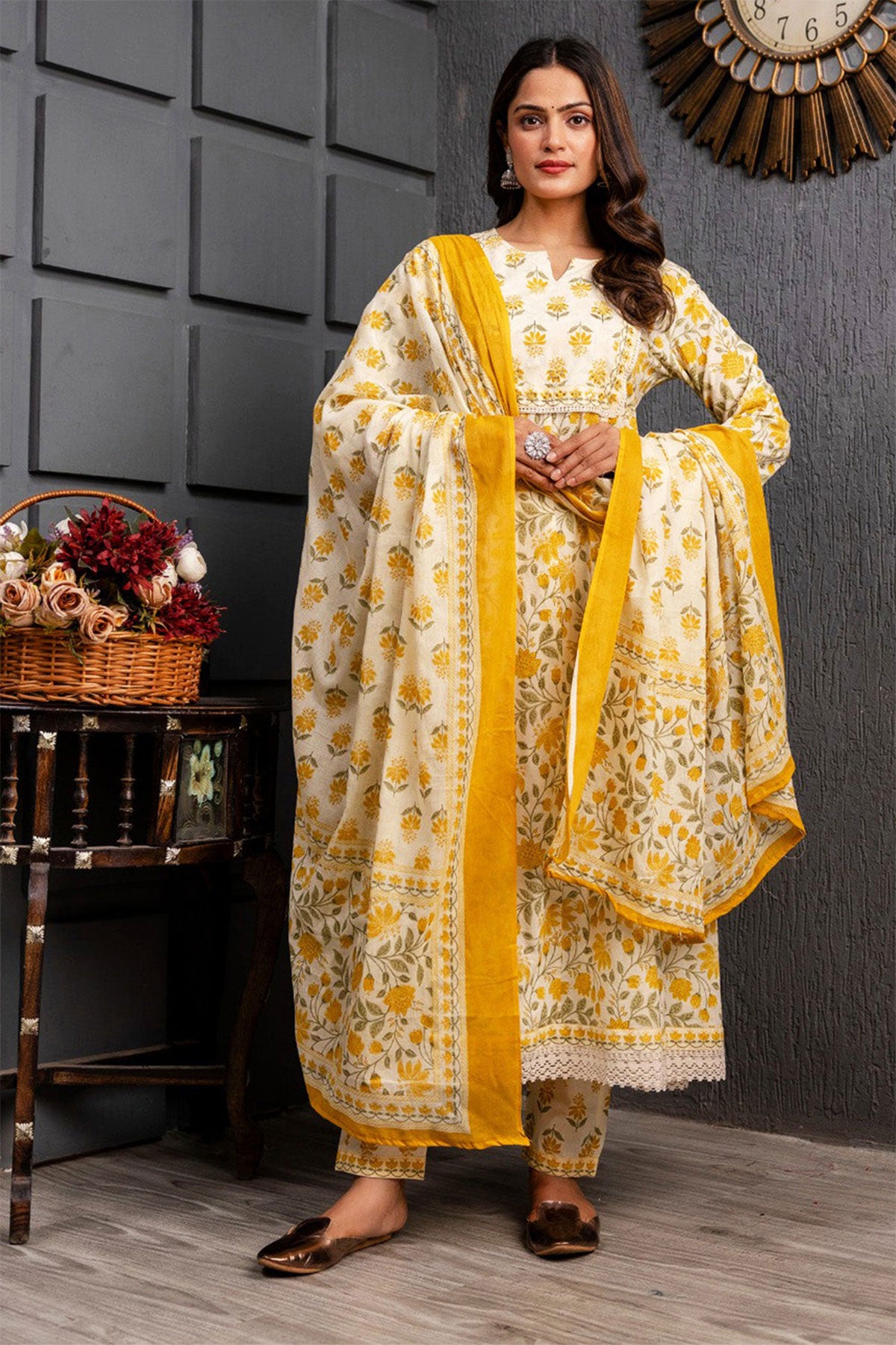 Mustard Cotton Anarkali Floral Printed Suit Set