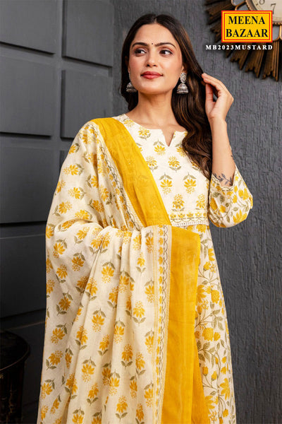 Mustard Cotton Anarkali Floral Printed Suit Set