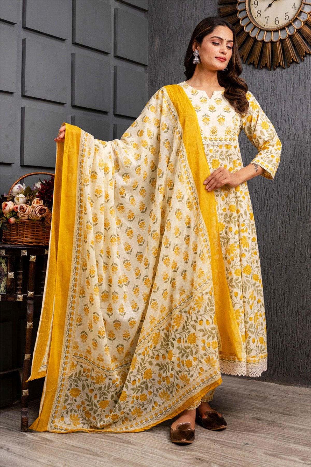 Mustard Cotton Anarkali Floral Printed Suit Set