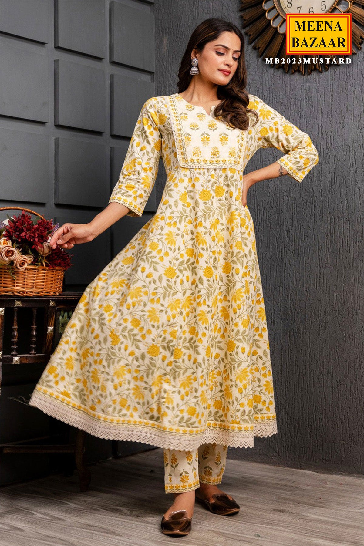 Mustard Cotton Anarkali Floral Printed Suit Set