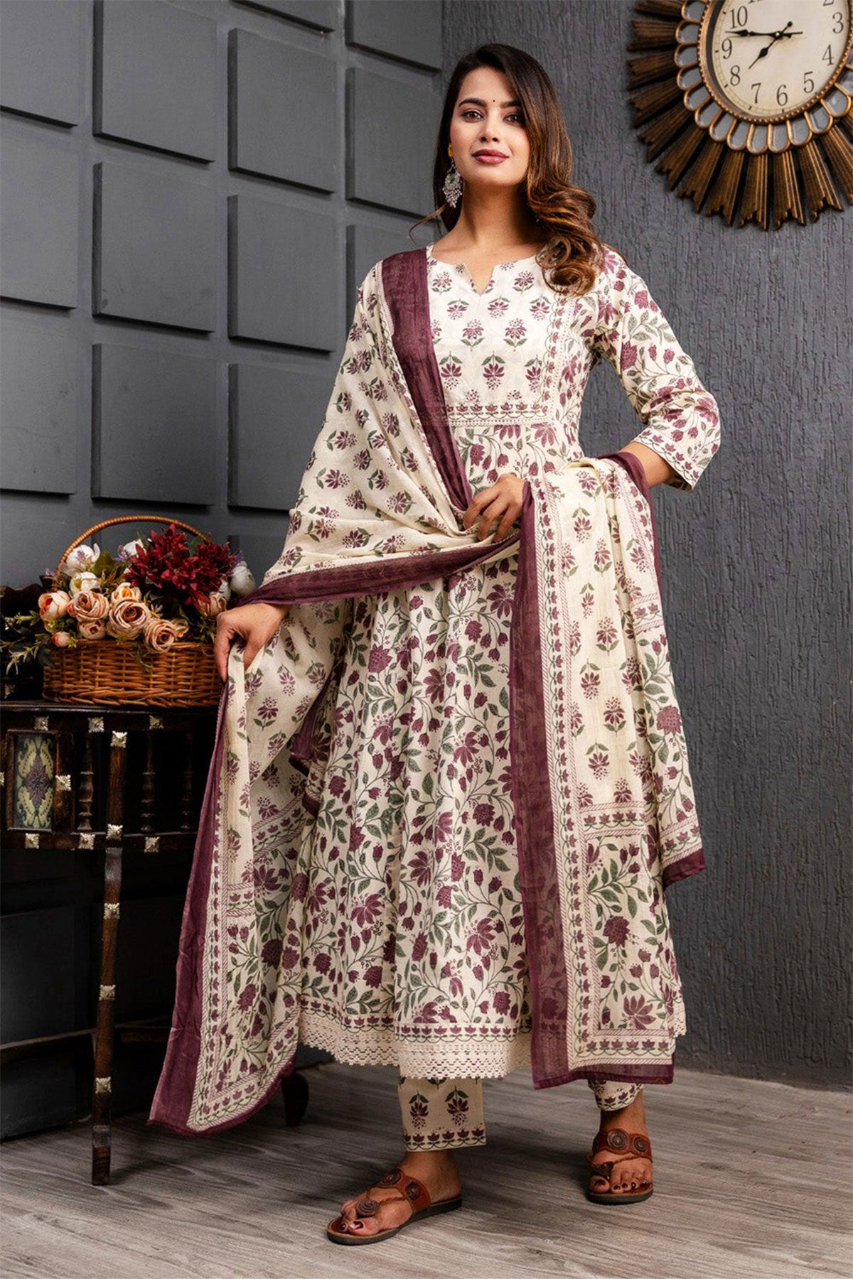 Purple Cotton Anarkali Floral Printed Suit Set